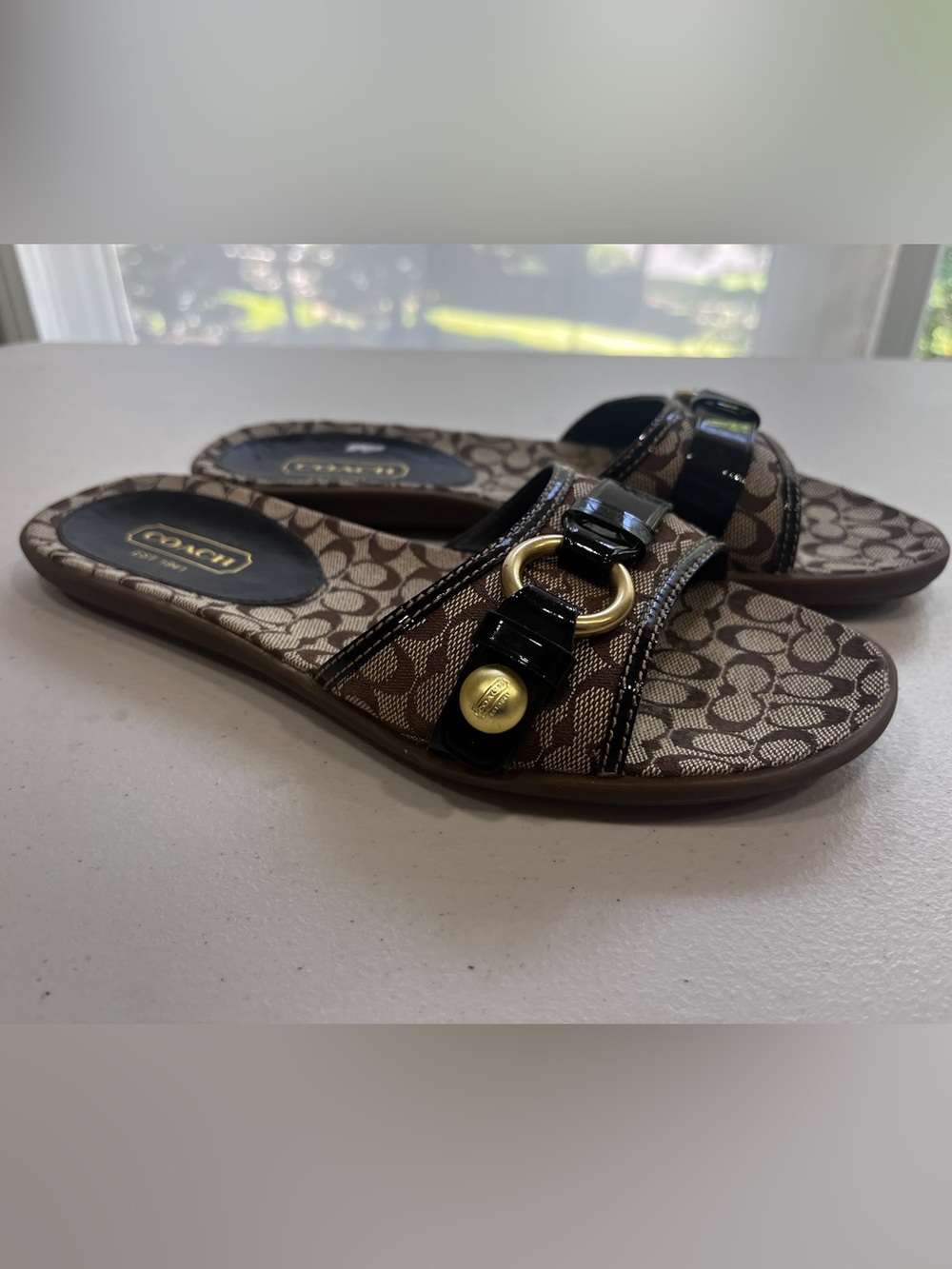 Coach Signature C Jacquard Patent Leather Slide Sandals Brown Sz 8 - Picture 6 of 6